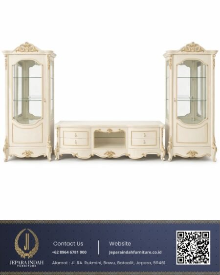 Set Lemari Bufet TV Mewah Ukir Klasik Ivory Gold
