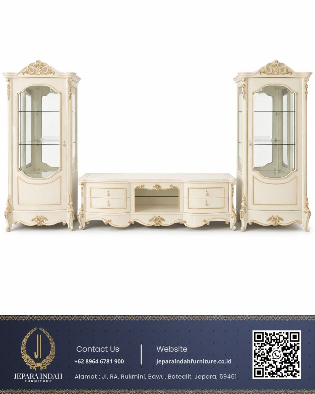 Set Lemari Bufet TV Mewah Ukir Klasik Ivory Gold