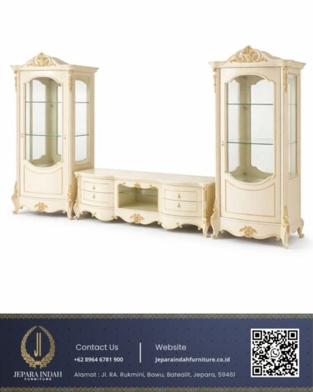 Set Lemari Bufet TV Mewah Ukir Klasik Ivory Gold