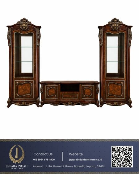 Set Lemari TV Klasik Mewah Wall Unit Jepara Jati