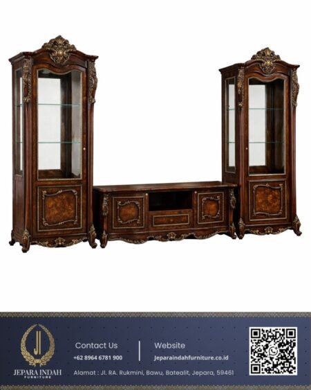 Set Lemari TV Klasik Mewah Wall Unit Jepara Jati