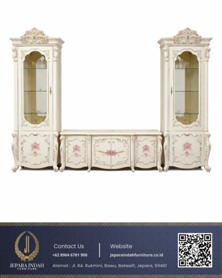Set Lemari TV Mewah Ukir Klasik Gaya Shabby Chic