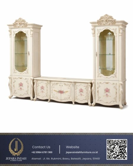 Set Lemari TV Mewah Ukir Klasik Gaya Shabby Chic