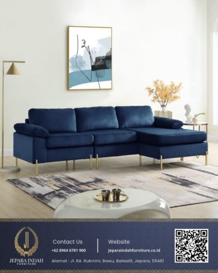 Sofa L Minimalis Navy Blue Beludru Modern