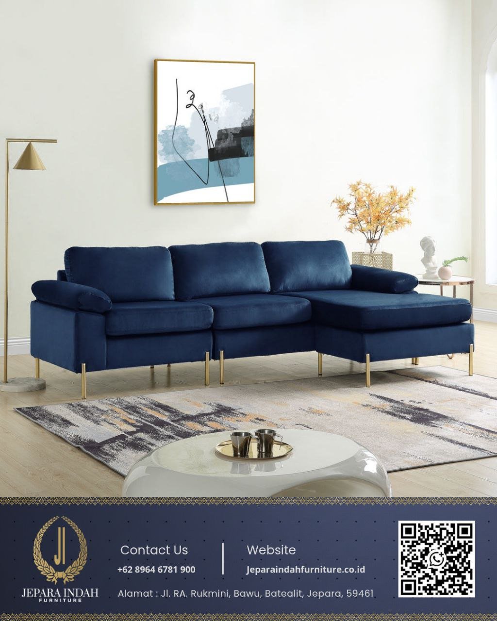 Sofa L Minimalis Navy Blue Beludru Modern