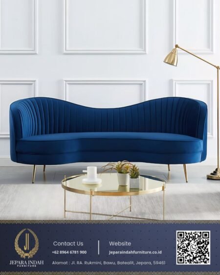 Sofa Lengkung Mewah Royal Blue Kaki Gold