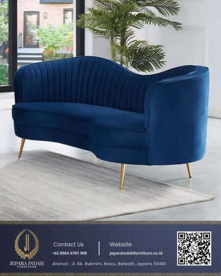 Sofa Lengkung Mewah Royal Blue Kaki Gold