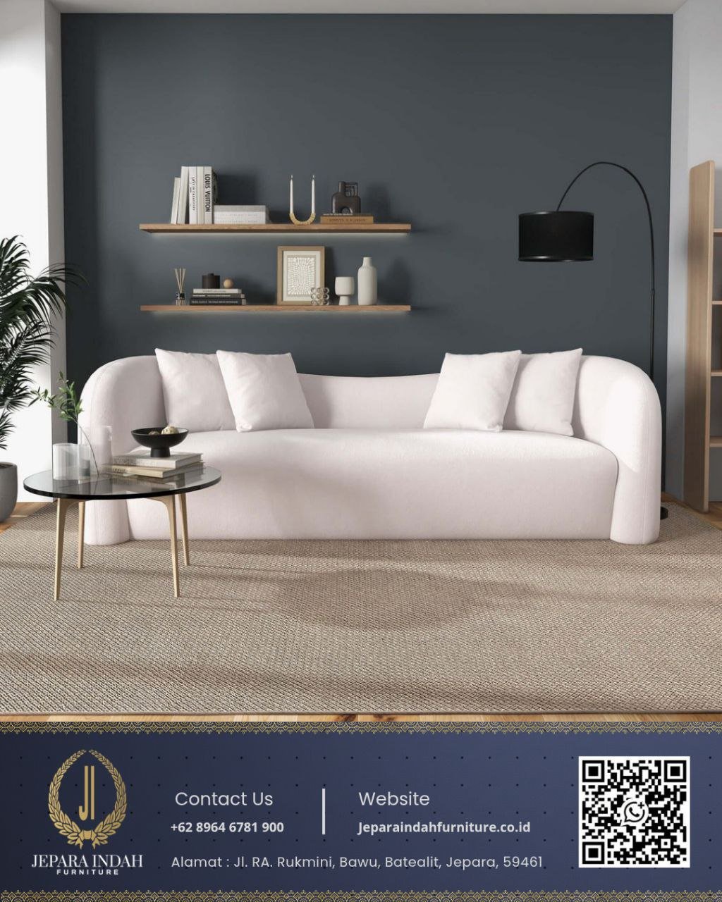 Sofa Minimalis Gaya Japandi Lengkung Boucle Putih