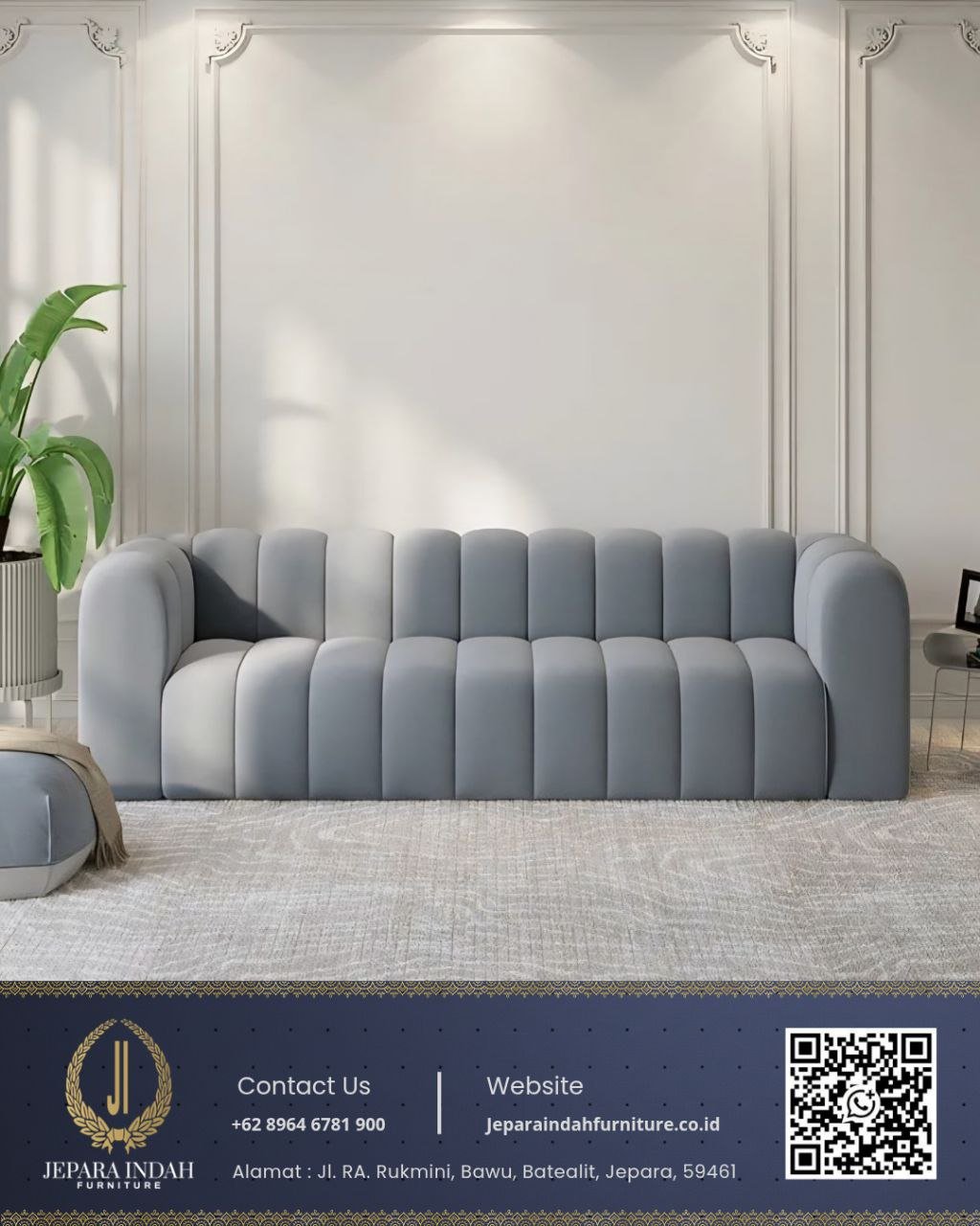 Sofa Modern Channel Minimalis Empuk 3 Seater Blue Gray