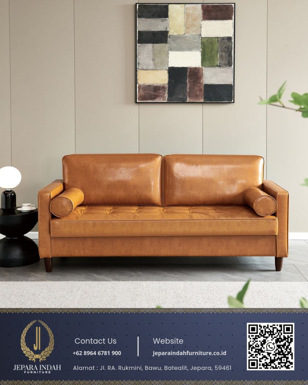 Sofa Tamu Retro Kulit Minimalis Tan Brown Interior