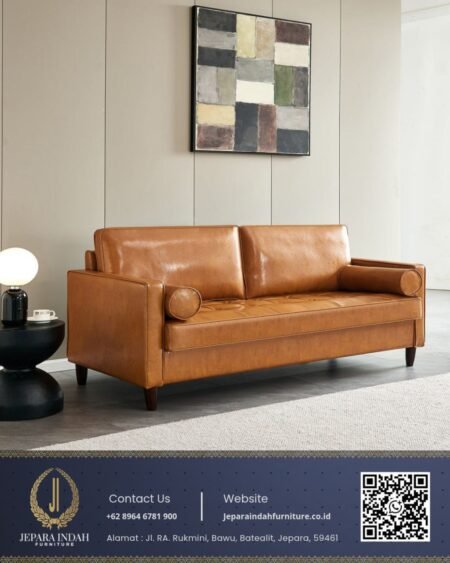 Sofa Tamu Retro Kulit Minimalis Tan Brown Interior