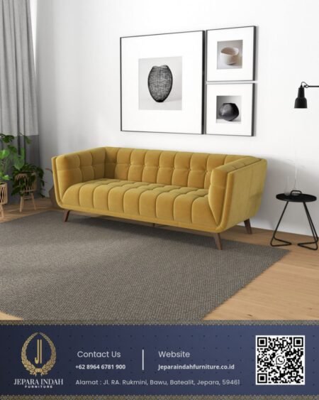 Sofa mid century modern kain beludru mustard yellow