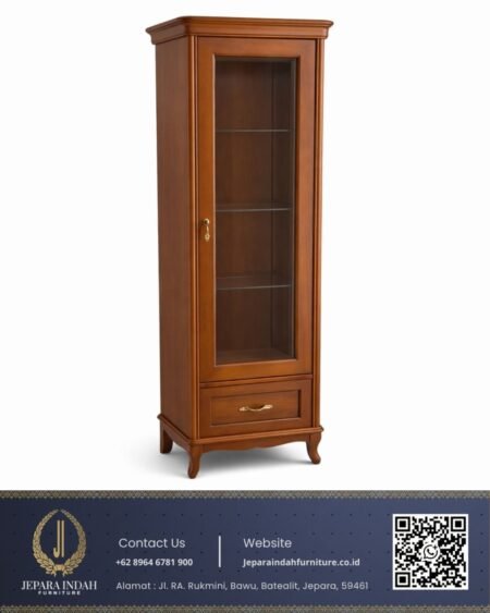 Lemari Hias Kaca Minimalis 1 Pintu Kayu Jati Perhutani
