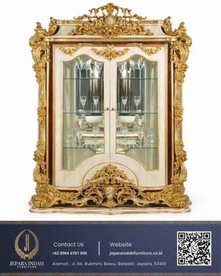 Lemari Hias Kaca Ukir Klasik Mewah Gold Cream