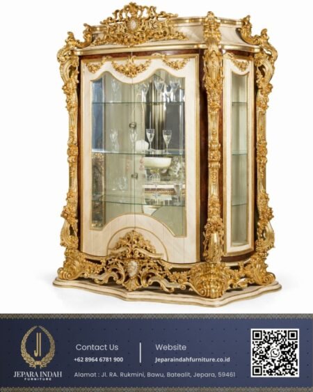 Lemari Hias Kaca Ukir Klasik Mewah Gold Cream