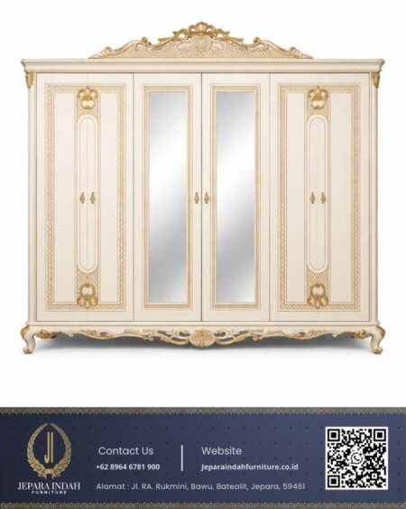 Lemari Pakaian Klasik Mewah Cermin Ivory Gold Wardrobe