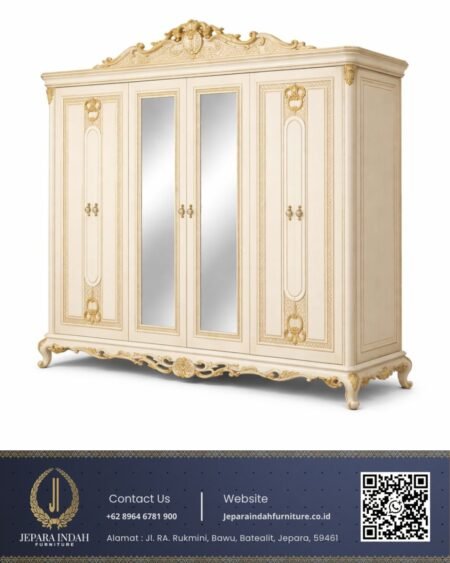 Lemari Pakaian Klasik Mewah Cermin Ivory Gold Wardrobe