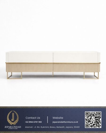 Meja TV Minimalis Modern Putih Kayu Natural Kaki Gold