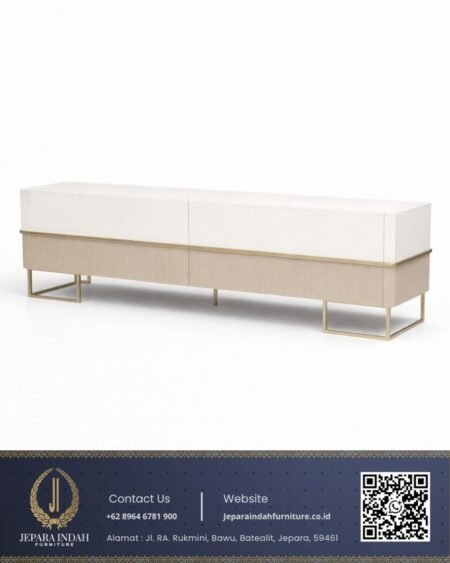 Meja TV Minimalis Modern Putih Kayu Natural Kaki Gold
