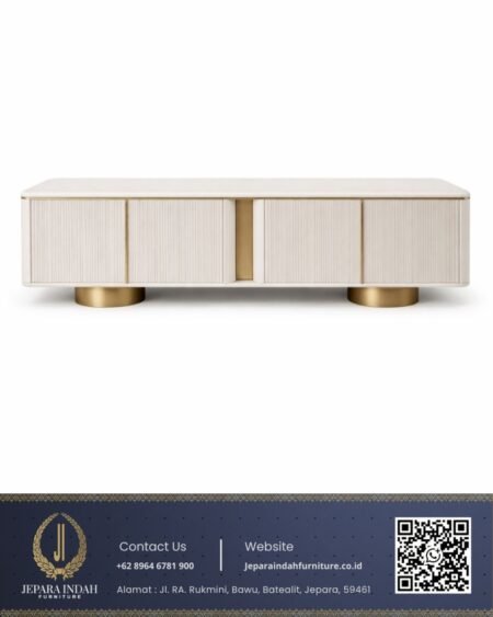 Meja TV Minimalis Modern White Aksen Gold Brass