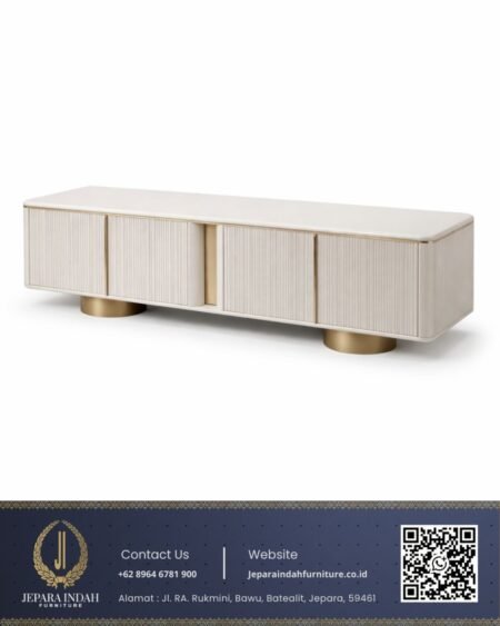 Meja TV Minimalis Modern White Aksen Gold Brass