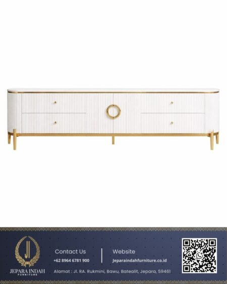 Meja TV Ruang Tamu Style Modern Glam White Stainless Gold