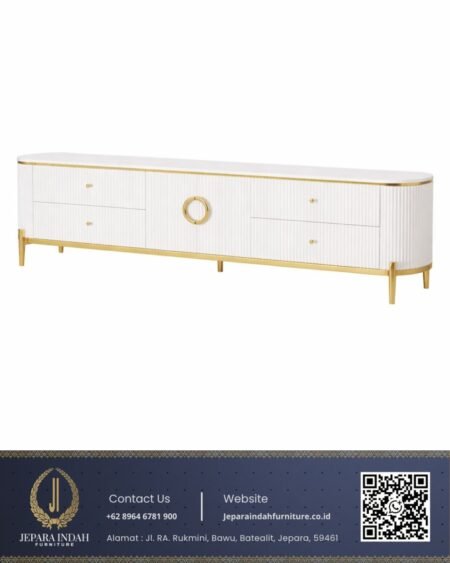 Meja TV Ruang Tamu Style Modern Glam White Stainless Gold