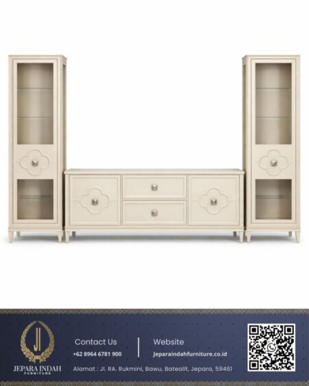 Set Lemari TV Minimalis Modern Ivory Aksen Molding Bunga
