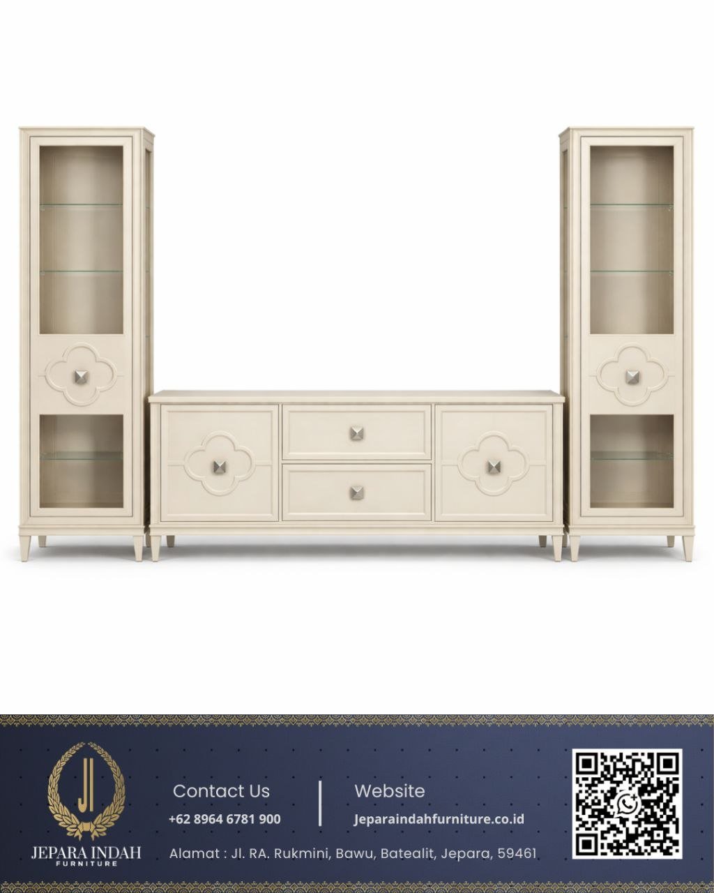 Set Lemari TV Minimalis Modern Ivory Aksen Molding Bunga
