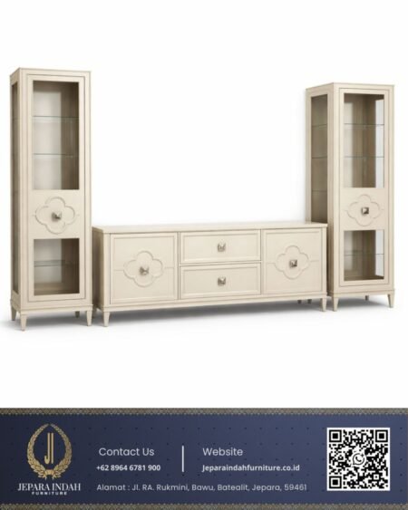 Set Lemari TV Minimalis Modern Ivory Aksen Molding Bunga