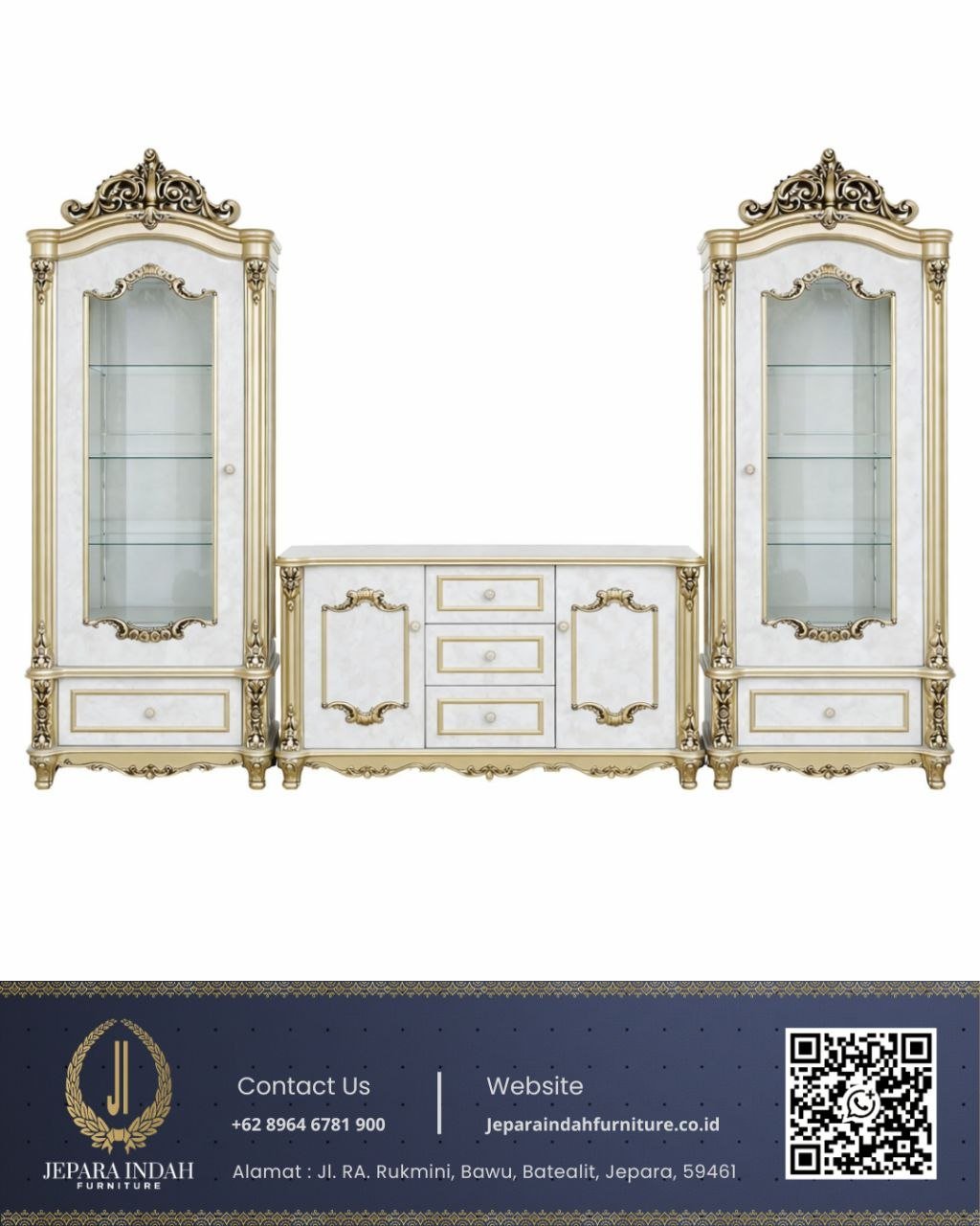 Set Lemari TV Ukiran Jepara Motif Marmer White Gold