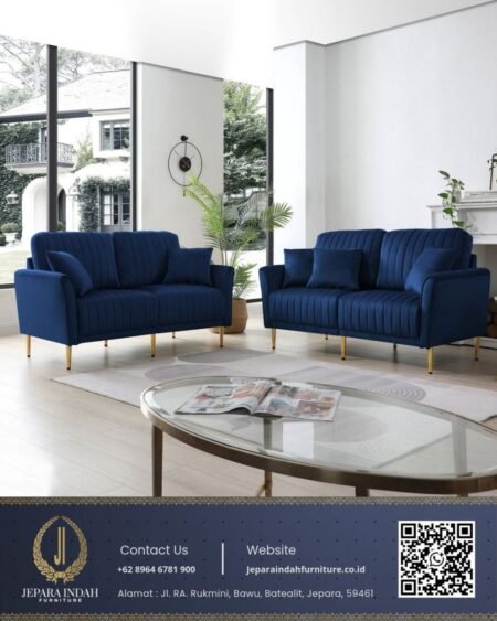 Set Sofa Ruang Tamu Minimalis Mewah Kain Beludru Biru Navy