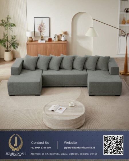 Sofa Letter U Minimalis Modern 7 Bantal Sandaran Kain Grey