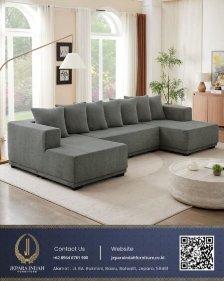 Sofa Letter U Minimalis Modern 7 Bantal Sandaran Kain Grey