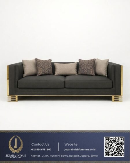 Sofa Minimalis Mewah 3 Dudukan Dark Grey Stainless Gold