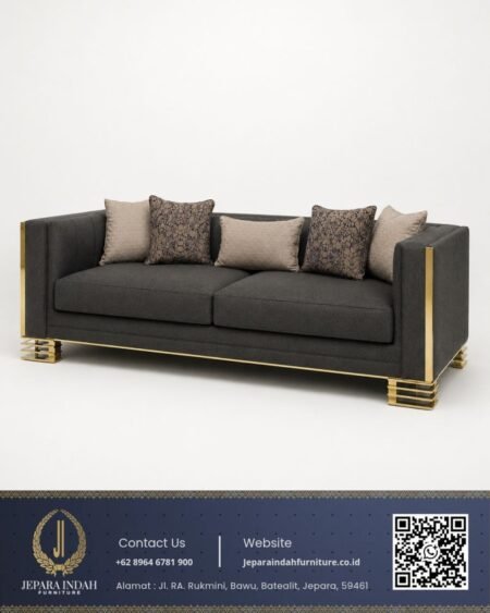 Sofa Minimalis Mewah 3 Dudukan Dark Grey Stainless Gold
