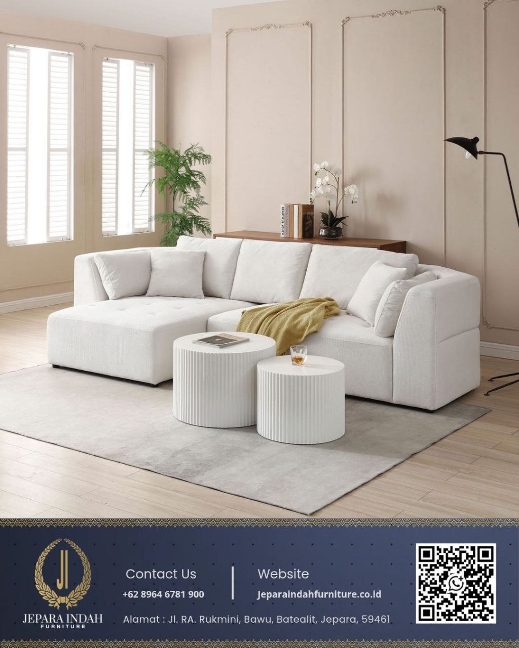 Sofa Sudut Letter L Minimalis Japandi Warm White Chaise