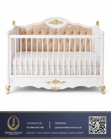 Tempat Tidur Bayi Mewah Capitone Krem Aksen Ukiran Emas