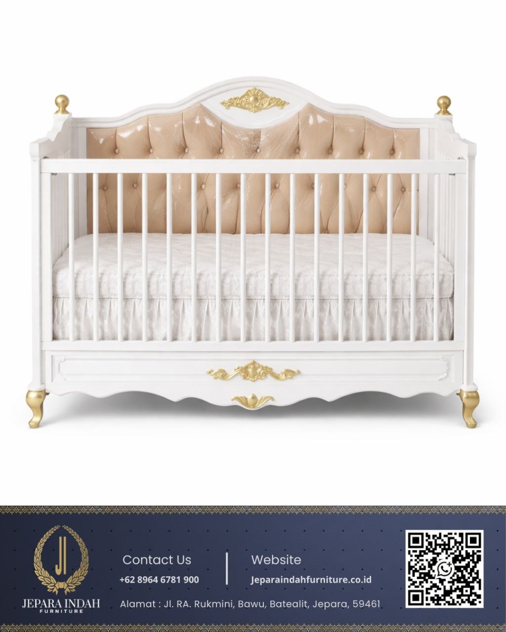 Tempat Tidur Bayi Mewah Capitone Krem Aksen Ukiran Emas