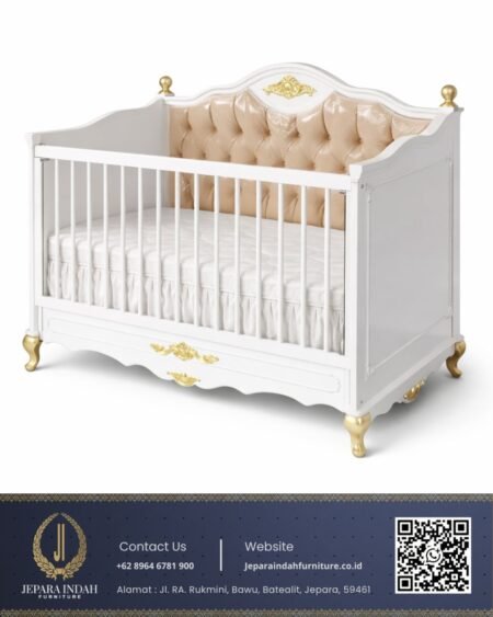 Tempat Tidur Bayi Mewah Capitone Krem Aksen Ukiran Emas